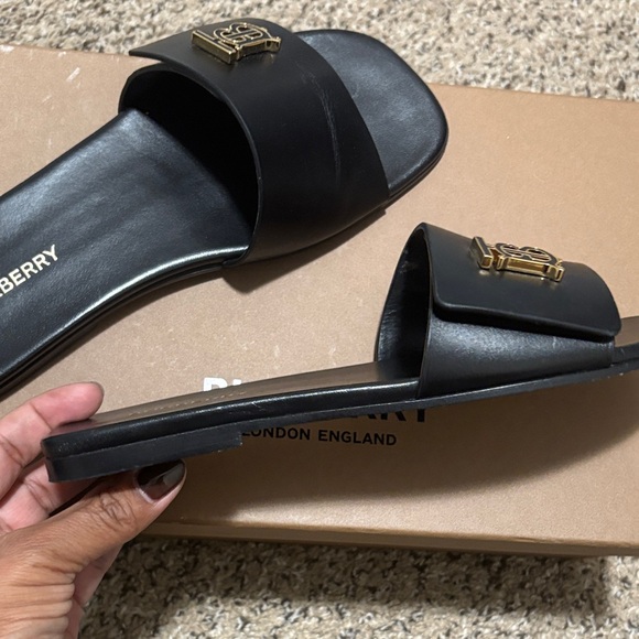 Burberry Black Slides with Gold Logo - Picture 9 of 16